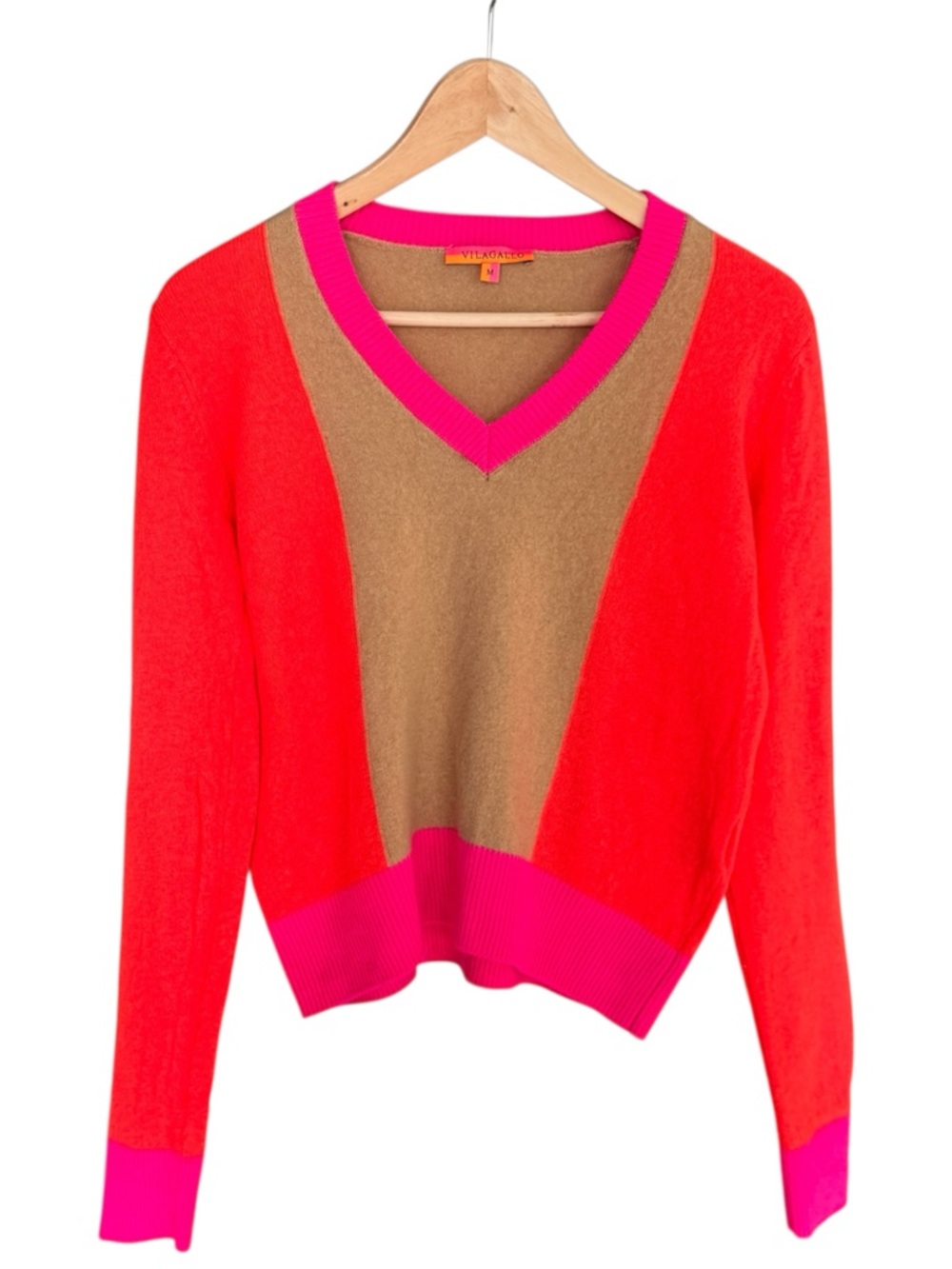 Vilagallo Wool Sweater Amy Pullover V neck Colorblock Sweater Women M Preppy